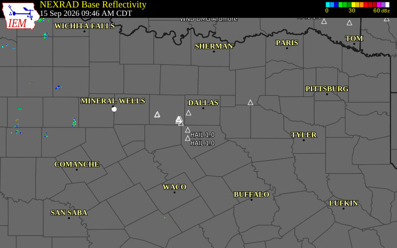 Current NEXRAD radar over Ellis County, Texas with recent storm report locations