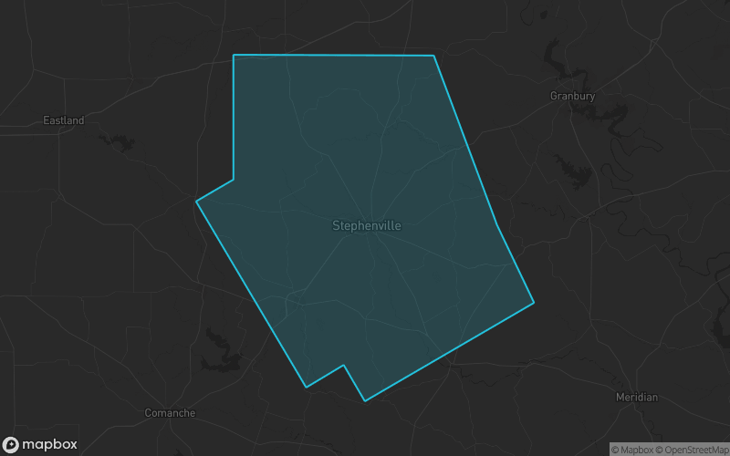 Map of Erath County, Texas showing the county boundary and surrounding cities