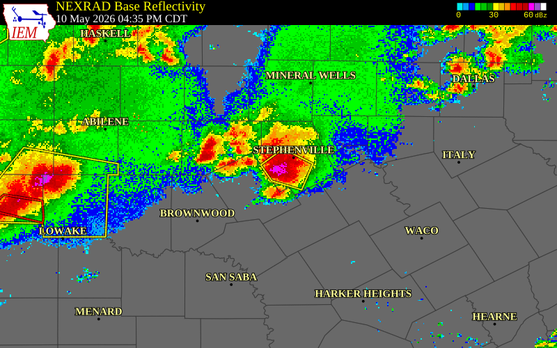 NEXRAD radar during the Sunday, May 10, 2026 storm activity in Erath County, Texas