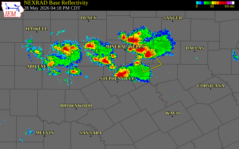NEXRAD radar during the Thursday, May 28, 2026 storm activity in Erath County, Texas