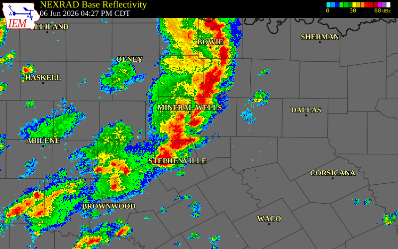 NEXRAD radar during the Saturday, June 6, 2026 storm activity in Erath County, Texas