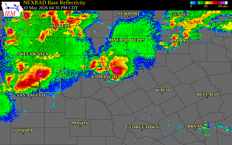 Radar snapshot during the May 10, 2026 hail event near Dublin, Erath County, Texas, with NWS warning polygons
