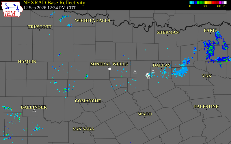 Current NEXRAD radar over Erath County, Texas with recent storm report locations