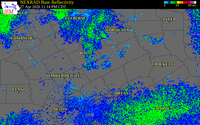 NEXRAD radar during the Monday, April 27, 2026 storm activity in Falls County, Texas