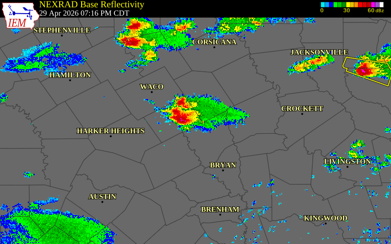 NEXRAD radar during the Wednesday, April 29, 2026 storm activity in Falls County, Texas