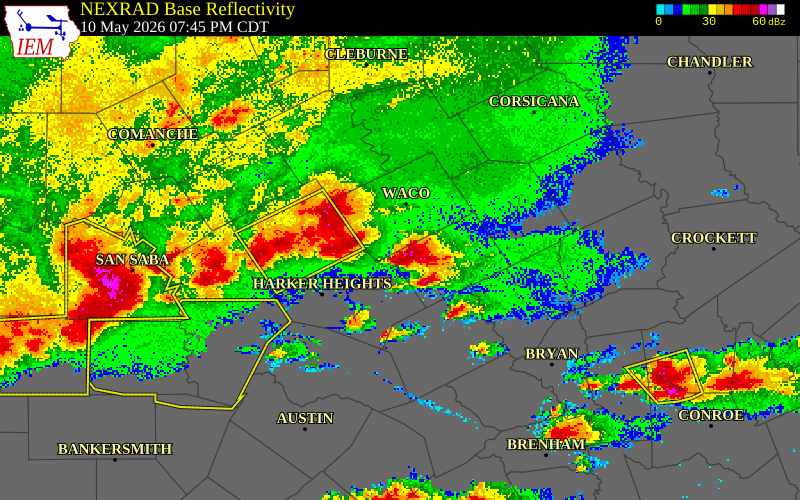 NEXRAD radar during the Sunday, May 10, 2026 storm activity in Falls County, Texas