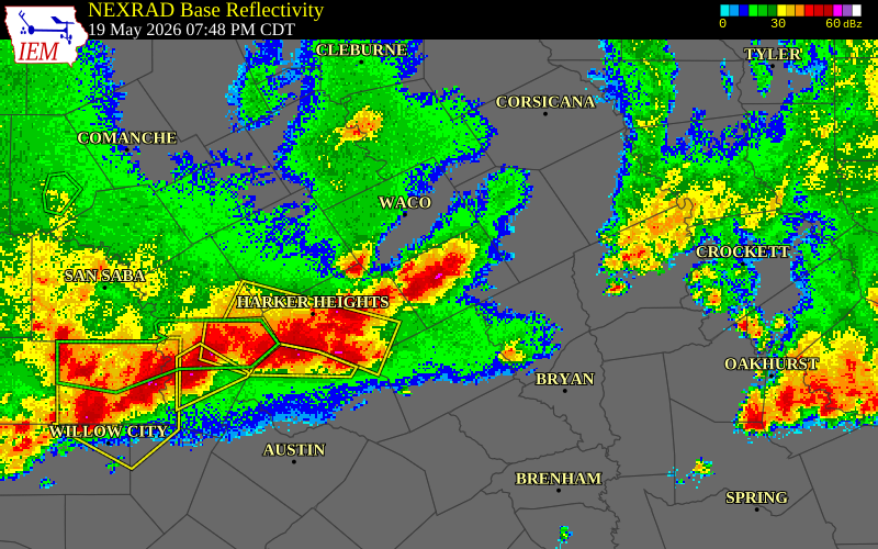 NEXRAD radar during the Tuesday, May 19, 2026 storm activity in Falls County, Texas
