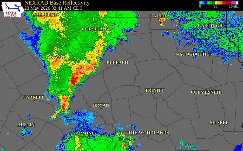NEXRAD radar during the Saturday, May 23, 2026 storm activity in Falls County, Texas