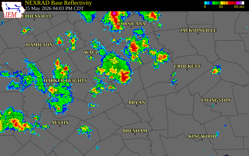 NEXRAD radar during the Monday, May 25, 2026 storm activity in Falls County, Texas
