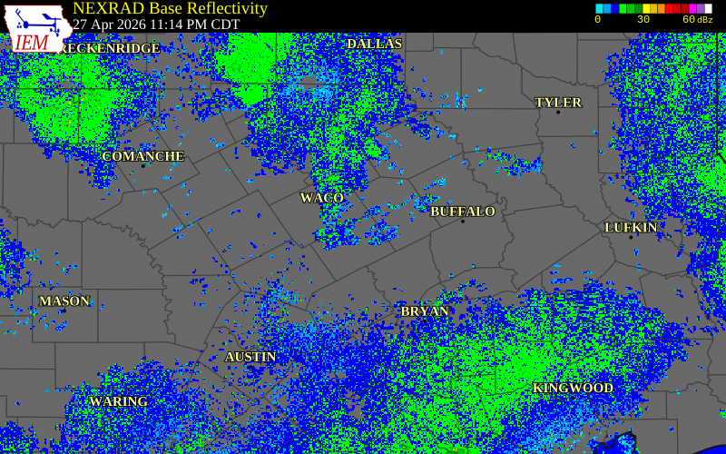 Radar snapshot during the Apr 27, 2026 hail event near 6 SE Riesel, Falls County, Texas, with NWS warning polygons