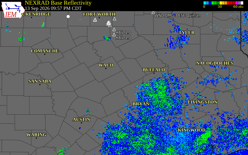 Current NEXRAD radar over Falls County, Texas with recent storm report locations