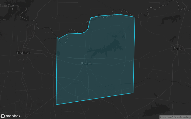 Map of Fannin County, Texas showing the county boundary and surrounding cities