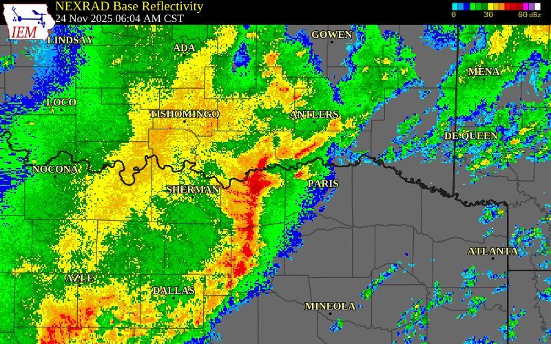 NEXRAD radar during the Monday, November 24, 2025 storm activity in Fannin County, Texas