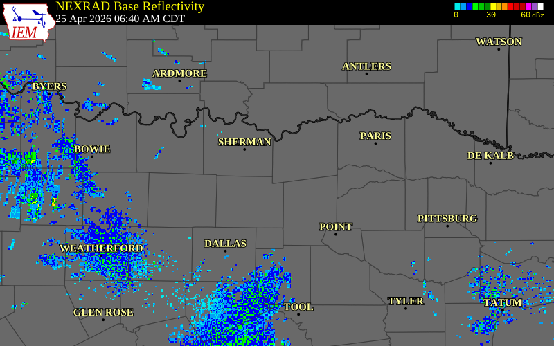 NEXRAD radar during the Saturday, April 25, 2026 storm activity in Fannin County, Texas