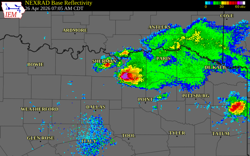 NEXRAD radar during the Sunday, April 26, 2026 storm activity in Fannin County, Texas