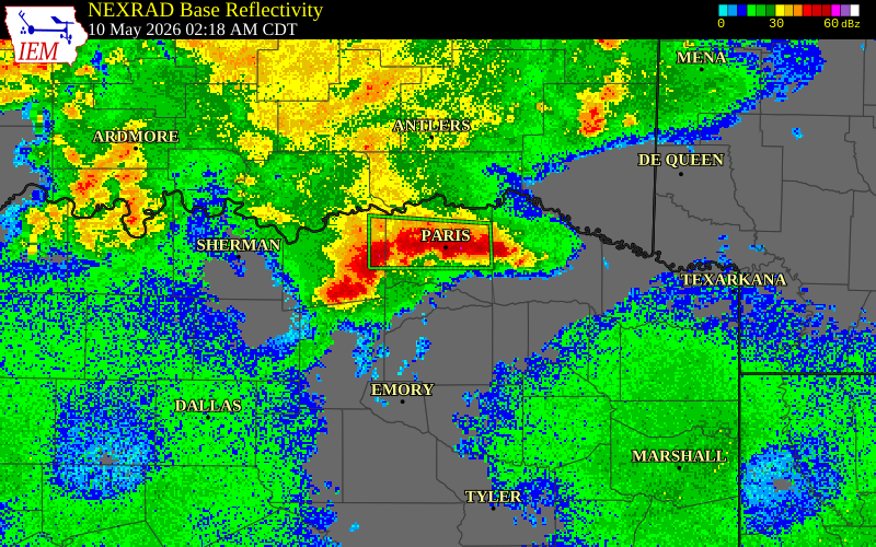 NEXRAD radar during the Sunday, May 10, 2026 storm activity in Fannin County, Texas