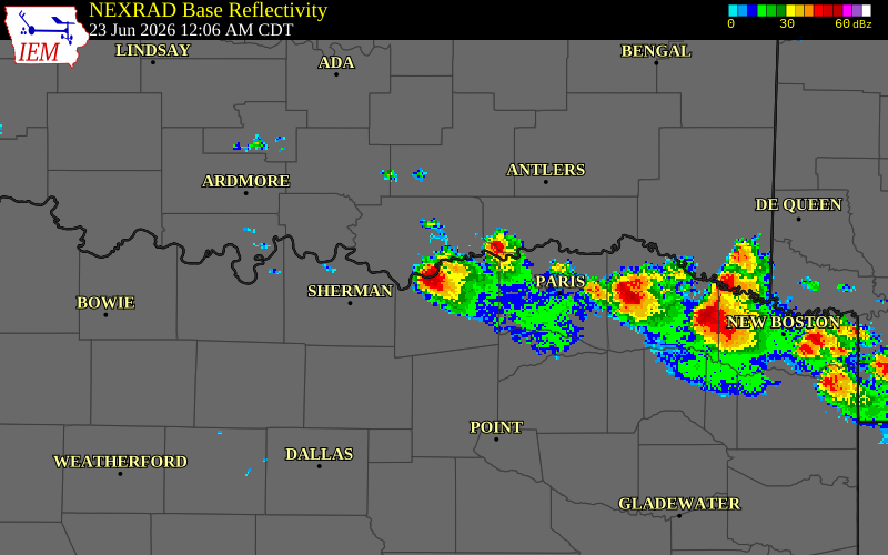 NEXRAD radar during the Tuesday, June 23, 2026 storm activity in Fannin County, Texas
