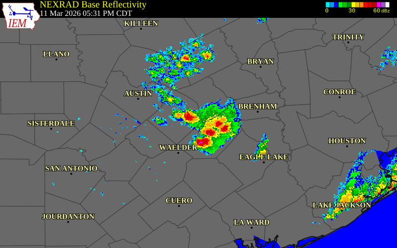 NEXRAD radar during the Wednesday, March 11, 2026 storm activity in Fayette County, Texas