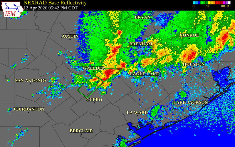 NEXRAD radar during the Sunday, April 12, 2026 storm activity in Fayette County, Texas