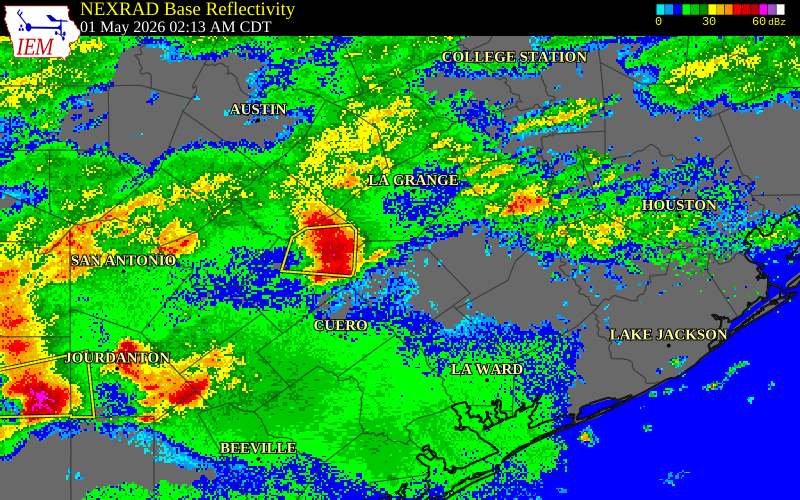NEXRAD radar during the Friday, May 1, 2026 storm activity in Fayette County, Texas