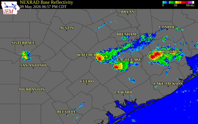 NEXRAD radar during the Saturday, May 9, 2026 storm activity in Fayette County, Texas