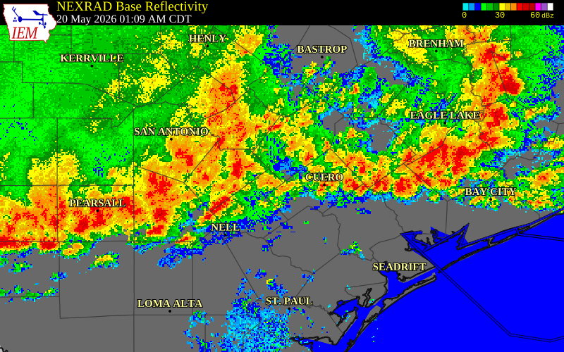 NEXRAD radar during the Wednesday, May 20, 2026 storm activity in Fayette County, Texas