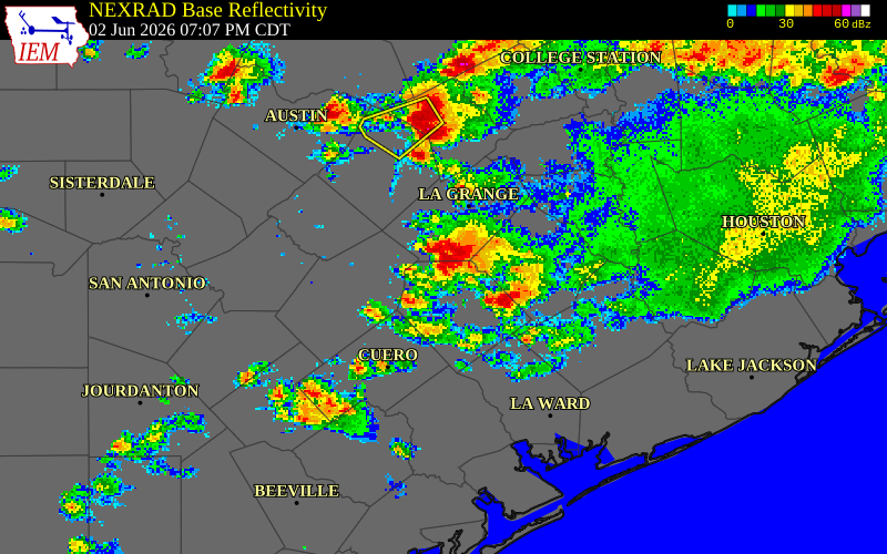 NEXRAD radar during the Tuesday, June 2, 2026 storm activity in Fayette County, Texas