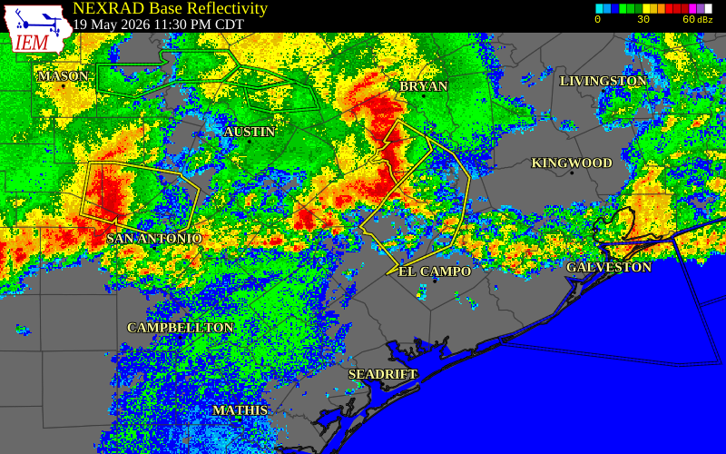 Radar snapshot during the May 19, 2026 wind event near Fayette County, Fayette County, Texas, with NWS warning polygons
