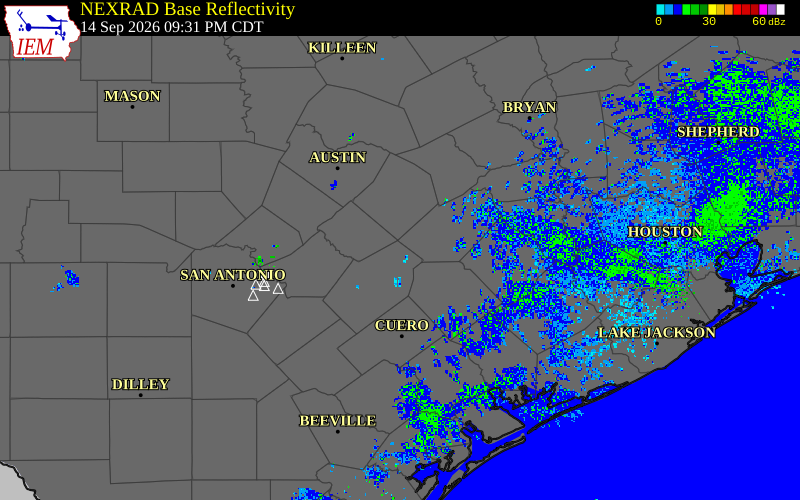 Current NEXRAD radar over Fayette County, Texas with recent storm report locations