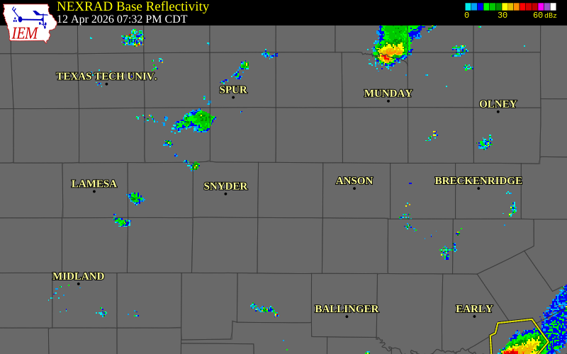 NEXRAD radar during the Sunday, April 12, 2026 storm activity in Fisher County, Texas