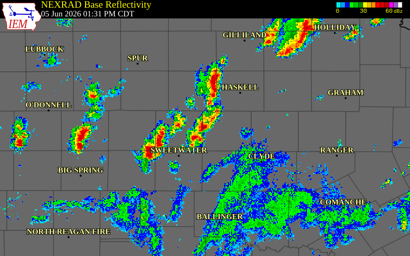 NEXRAD radar during the Friday, June 5, 2026 storm activity in Fisher County, Texas