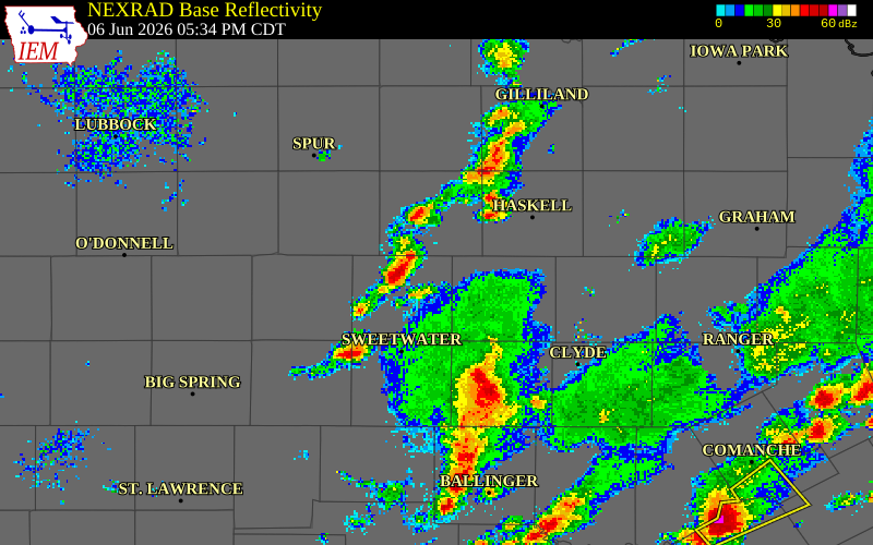 NEXRAD radar during the Saturday, June 6, 2026 storm activity in Fisher County, Texas