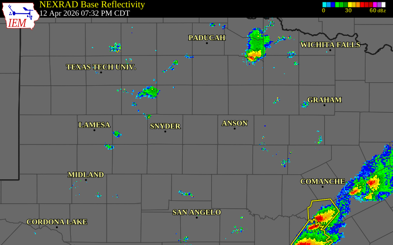 Radar snapshot during the Apr 12, 2026 hail event near Rotan, Fisher County, Texas, with NWS warning polygons