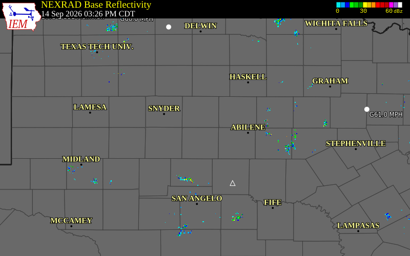 Current NEXRAD radar over Fisher County, Texas with recent storm report locations