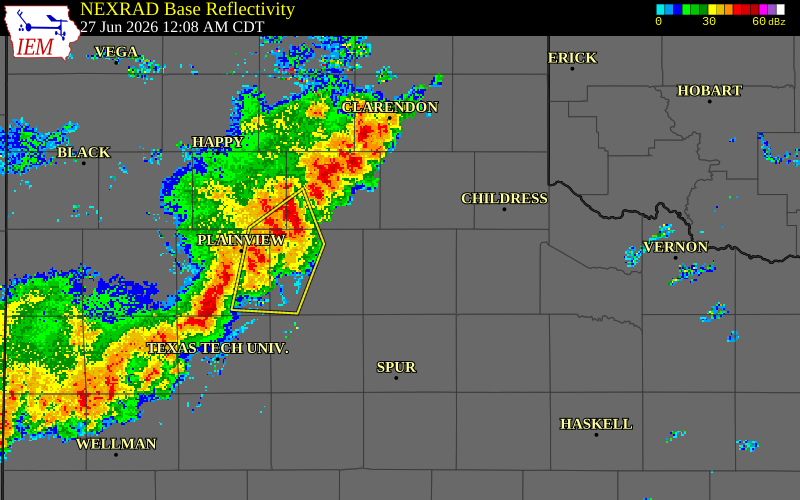 NEXRAD radar during the Saturday, June 27, 2026 storm activity in Floyd County, Texas