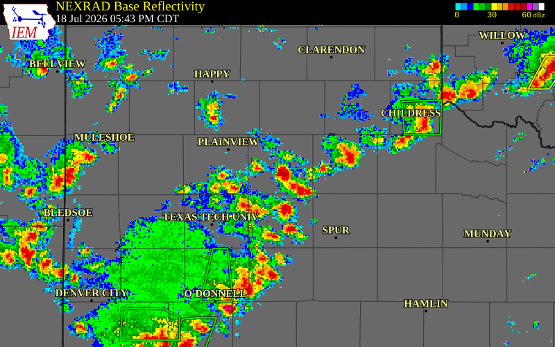 NEXRAD radar during the Saturday, July 18, 2026 storm activity in Floyd County, Texas