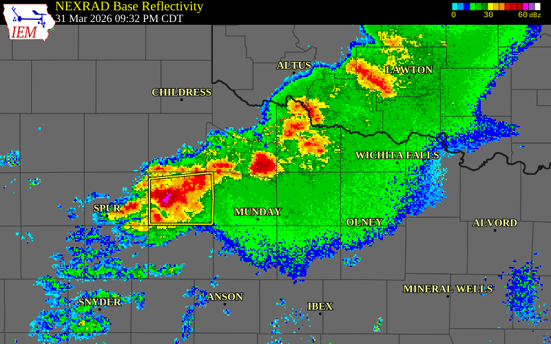 NEXRAD radar during the Tuesday, March 31, 2026 storm activity in Foard County, Texas