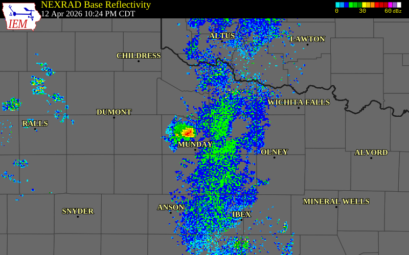NEXRAD radar during the Sunday, April 12, 2026 storm activity in Foard County, Texas