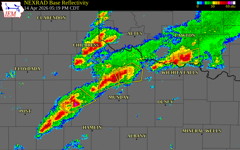 NEXRAD radar during the Tuesday, April 14, 2026 storm activity in Foard County, Texas