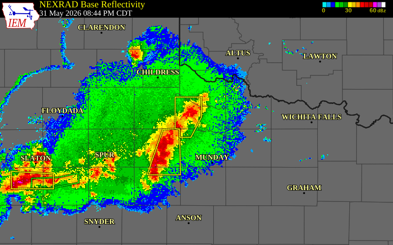 NEXRAD radar during the Sunday, May 31, 2026 storm activity in Foard County, Texas
