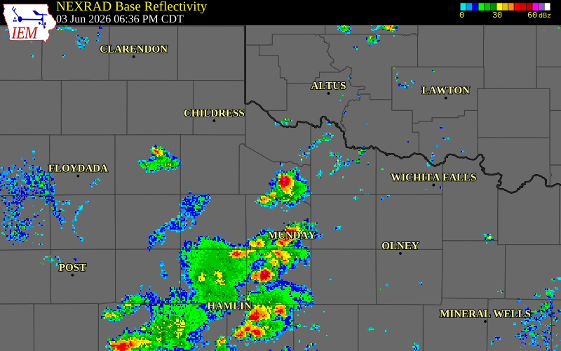 NEXRAD radar during the Wednesday, June 3, 2026 storm activity in Foard County, Texas
