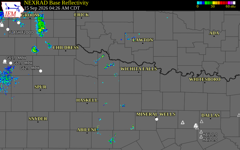 Current NEXRAD radar over Foard County, Texas with recent storm report locations