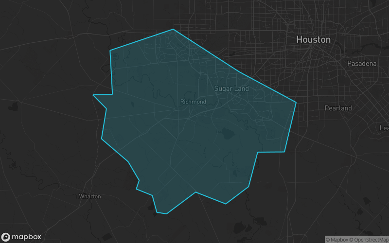 Map of Fort Bend County, Texas showing the county boundary and surrounding cities