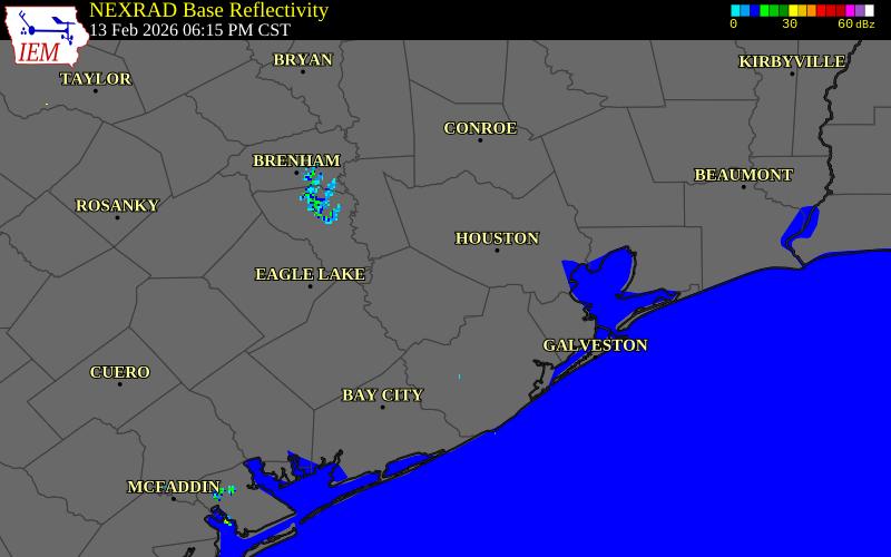 NEXRAD radar during the Friday, February 13, 2026 storm activity in Fort Bend County, Texas