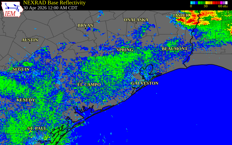 Radar snapshot during the Apr 30, 2026 hail event near First Colony, Fort Bend County, Texas, with NWS warning polygons