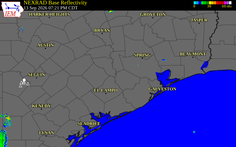 Current NEXRAD radar over Fort Bend County, Texas with recent storm report locations