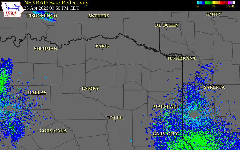 NEXRAD radar during the Thursday, April 23, 2026 storm activity in Franklin County, Texas