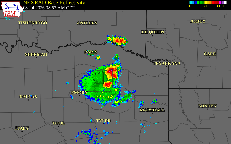 NEXRAD radar during the Wednesday, July 8, 2026 storm activity in Franklin County, Texas