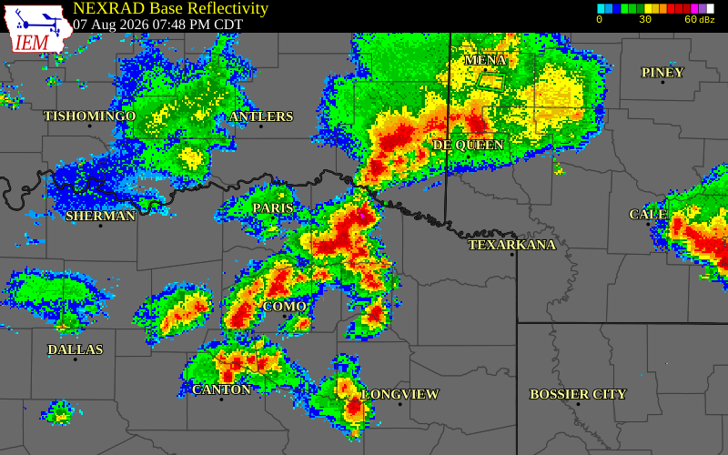 NEXRAD radar during the Friday, August 7, 2026 storm activity in Franklin County, Texas