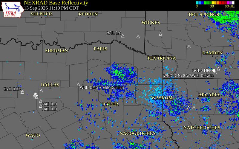 Current NEXRAD radar over Franklin County, Texas with recent storm report locations